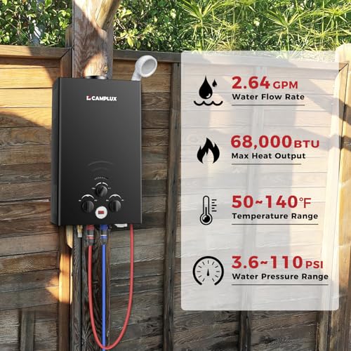 Image of CAMPLUX Tankless Water Heater - 2.64GPMPortable Propane Heater for Off Grid, Camping,Outdoor Shower - 68,000 BTU - BW264B - Black