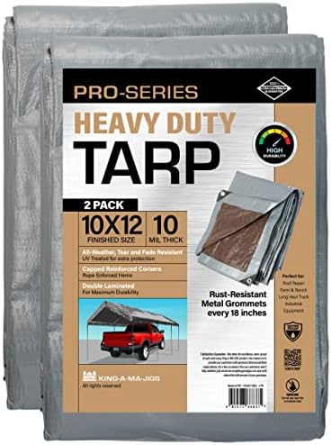 (2 Pack) 10x12 Heavy Duty Tarp, 10 Mil Thick, Waterproof, Tear & Fade Resistant, High Durability, UV Treated, Grommets Every 18 Inches. (Silver / Brown - Reversible) (10' x 12 Feet - 2 Pack)