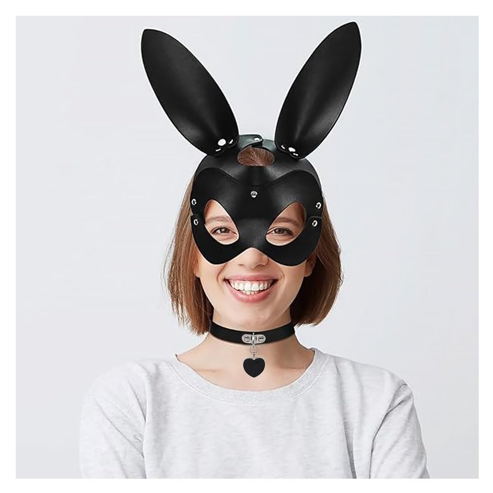 SUNNEE Leather Masks: Black Choker Mask Set for Women Half Face Mask Adults Cosplay Costume Party Props Accessory (Rabbit) - Image 2
