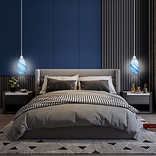 Image of Mini Glass Pendant Light with Handblown Blue Marble Art Glass Shade Adjustable Cord Modern Oval Lamp Ceiling Pendant Light Fixture for Dining Room, kitchen,Foyer, Hallway, Brushed Nickel Finish 3 Pack