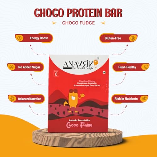 Image of ANAVRIN Choco Fudge Protein Bar - 15g Protein, 4g Fibre in each bar (6 Bars x 50gm) No Added Sugar, Goodness of Dates, No Soy, No Preservatives Gluten Free High Energy Protein Bar Healthy Snack