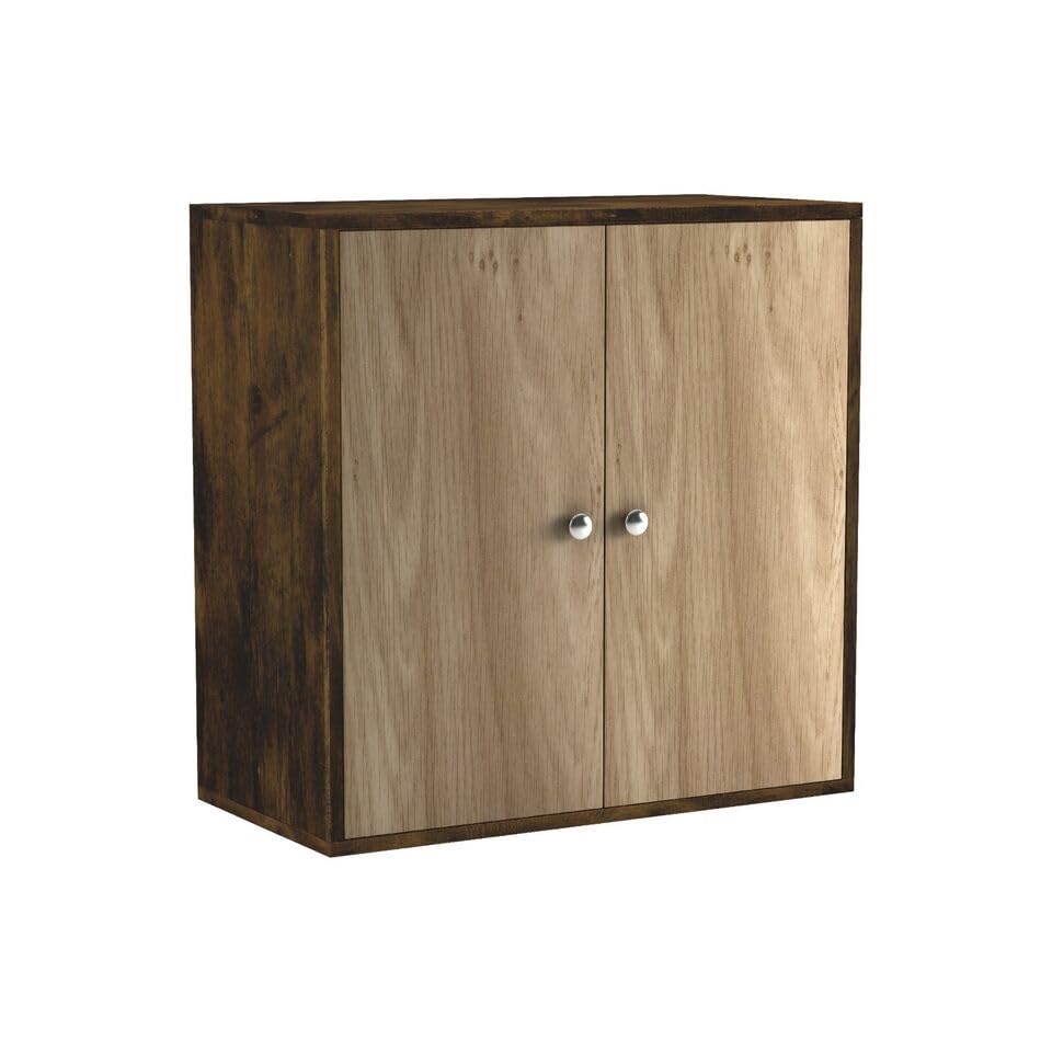 URBNLIVING 2 Tier Wooden Storage Cabinet Cupboard with Shelves Optional Doors Bedroom Bedside Unit Living Room Hallway Furniture (Rustic Brown & Oak Door)