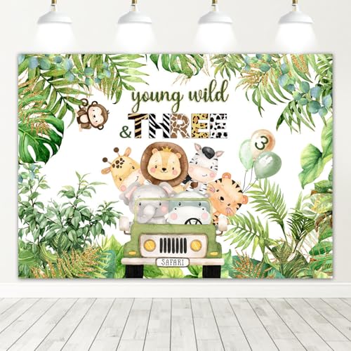 Avezano Young Wild and Three Backdrop Jungle Animals 3rd Birthday Background Safari Birthday Party Decorations (Green, 7x5ft)