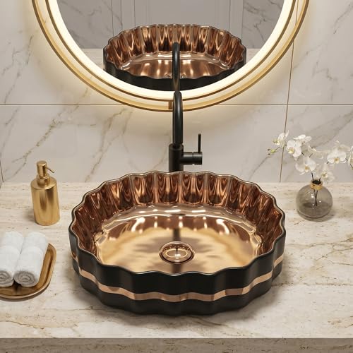 Image of BASSINO 20x15x6 Inches Ceramic Wash Basin Table Top /1 Year Warranty /Unique Countertop Basin for Bathroom /Above Counter Sink for Dining Hall /Living Room /Hotel /Office(Black & Rose Gold Finish)