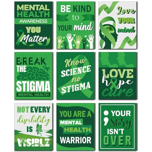 Funrous 9 Pcs Mental Health Month Awareness Posters for Classroom 11 x 13 Inch Green Ribbon Bulletin Board Posters for Psychology Educational Therapy Bulletin Board Decor Office Wall Supplies