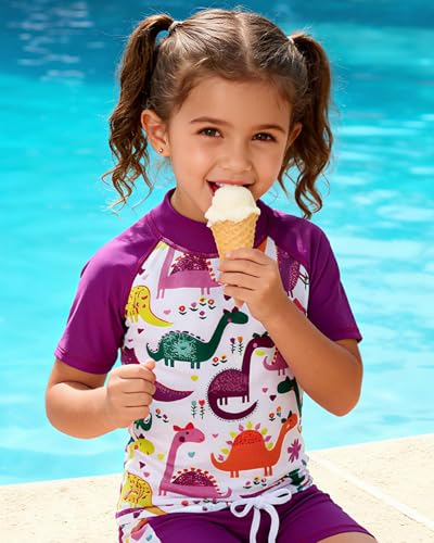 Image of AIDEAONE Girls Rash Guard Swimsuit Short Sleeve Two Piece Bathing Suit Size 3-12T