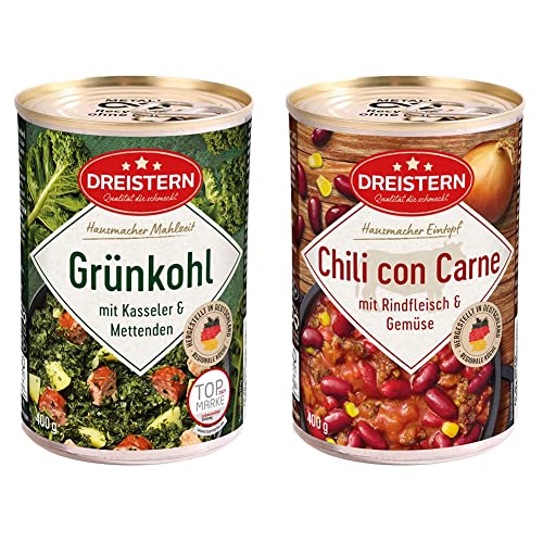 DREISTERN Grünkohl mit Kasseler und Mettenden 400 g I leckeres Fertiggericht mit Gemüse & Chili con Carne 400g | Pikanter Eintopf in der recyclebaren Konservendose | viel Einlage mit Bohnen & Mais