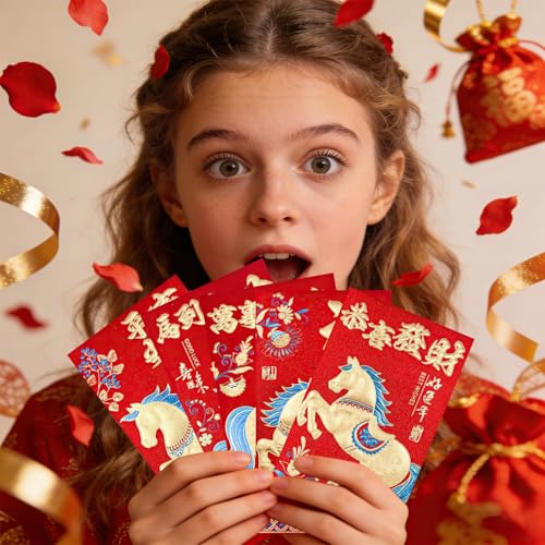 12 Stück Chinesisches Neujahr Rote Umschläge, Rote Umschläge Pferd 2026 Chinesisches Neujahr, Chinesische rot Umschlag Set für Neujahr Geburtstag Hochzeit Kleines Geschenk oder Geld (B)