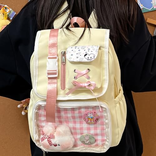 Kawaii School Backpack for Girls Cute Ita Bag Backpack with Pin Display Insert for Teen Kids Aesthetics Travel Bookbag (Yellow)2