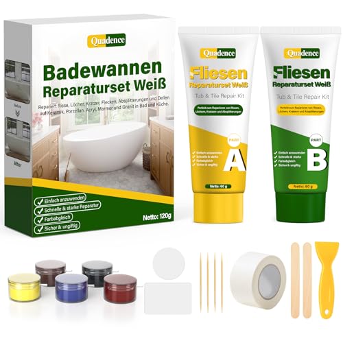Waschbecken Reparaturset Keramik Weiß, Quadence Fliesen Reparaturset für Porzellan, Fiberglas, Keramik, Reparatur von Rissen, Sprüngen und Löchern auf Waschbecken, Duschwanne, Farbübereinstimmung