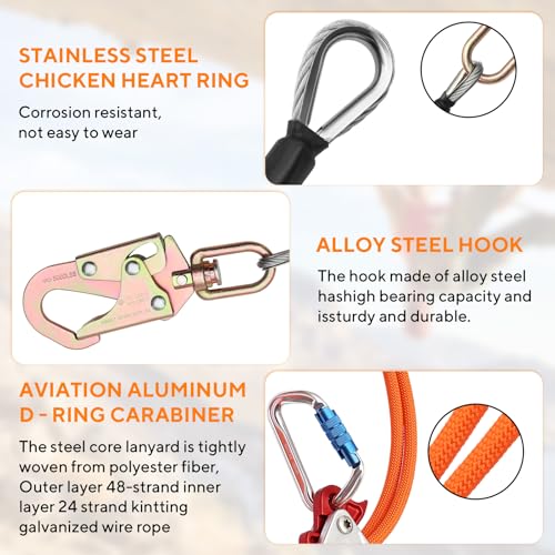 Image of Steel Wire Core Flipline, Fall Protection Arborist Positioning Lanyard Kit | Arborist Flip Line Tree Climbing Gear with Swivel Snap Hook, Triple Lock Carabiner & Rope Grab Adjuster