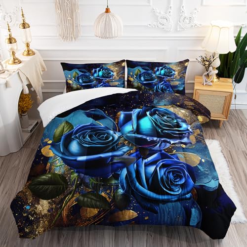 Image of AILONEN 3D Rose Bedding Queen Set, Floral Comforter, 3 Pieces Including Blue Rose Quilt and Pillowcases