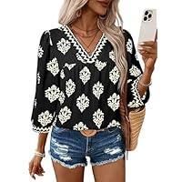 SHEWIN Womens Fashion Summer Tops 2025 Mid Length Sleeve Shirts V Neck Blouse Flowy Business Casual Spring Outfits for Women Black Medium