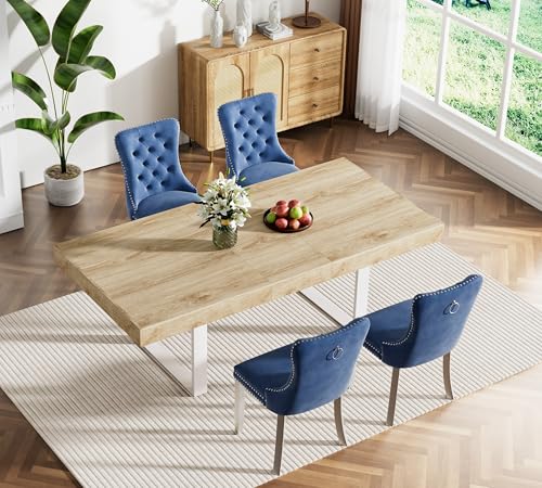 Image of 63 inch-78.74 inch Oak Extendable Dining Room Table Set for 4, 5-Piece Dining Table Set with 4 Upholstered Chairs, Rectangle Wooden Expanding Kitchen Table and Blue Chairs Set