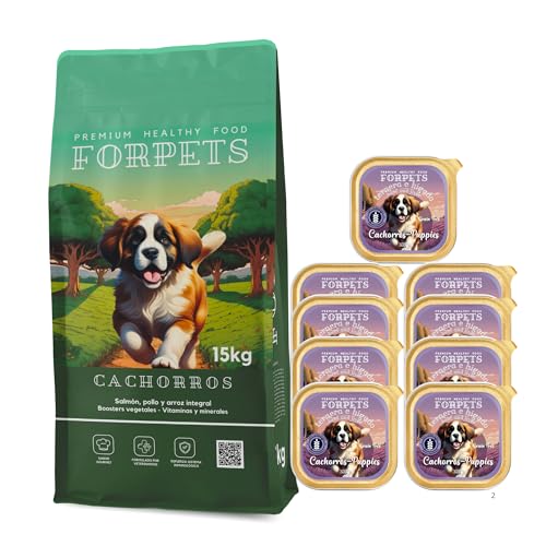 FORPETS Pack Cachorros 15kg + 9 Latas Grain Free Ternera e Hígado, Pienso Natural con Salmón, Pollo y Arroz Integral, Alta en Proteínas y Omega 3, Crecimiento Saludable, Digestión Fácil, Pelaje Sano