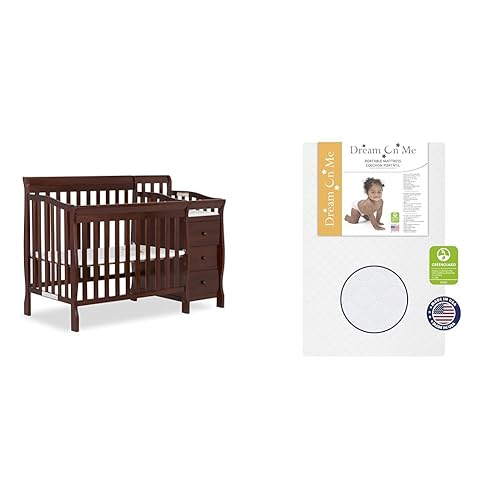 Dream On Me Jayden - Mini cuna convertible 4 en 1 y cambiador en color expreso, certificado Greenguard Gold y Sunset de fibra extra firme de 3