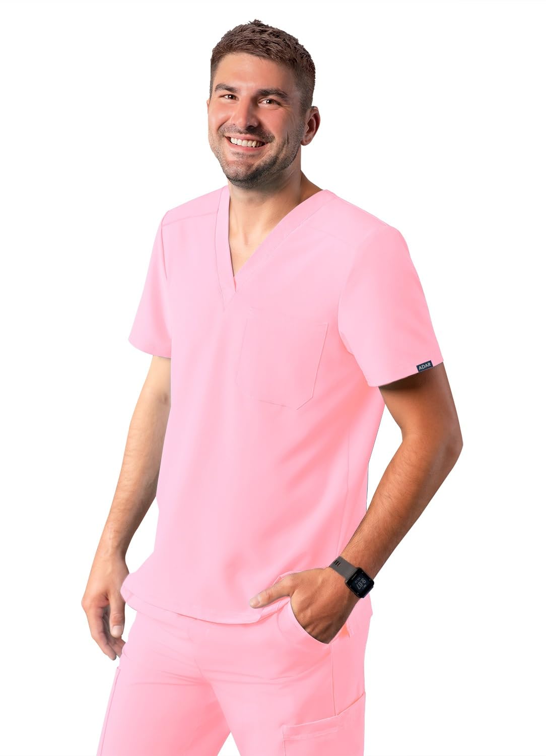 Adar Addition Scrubs for Men - Classic V-Neck Scrub Top - A6006 - Soft Pink - XXS