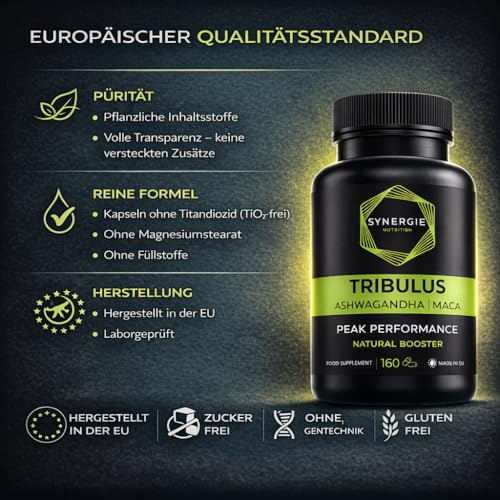 Tribulus Terrestris Fruchtextrakt mit 90% Saponinen, Ashwagandha 10:1, Schwarze Maca 20:1, Zink, Selen, Calcium & Vitamin D – 160 Kapseln – Nahrungsergänzungsmittel von Synergie Nutrition