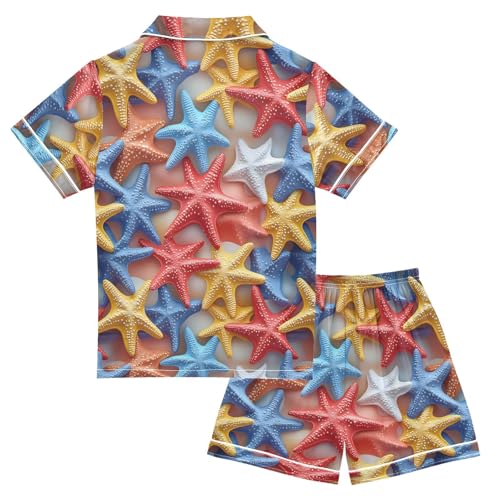 ALAZA Starfish 3d Colorful Satin Pajamas Set Short Sleeve Button Down Sleepwear Summer Pjs 2 Piece2