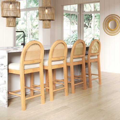 Image of Nathan James Bailey Upholstered Rattan Bar Stool in Oak Finish Frame, Counter Height Stool with Natural Rattan Woven Back For Kitchen Island, Brown, Set of 4
