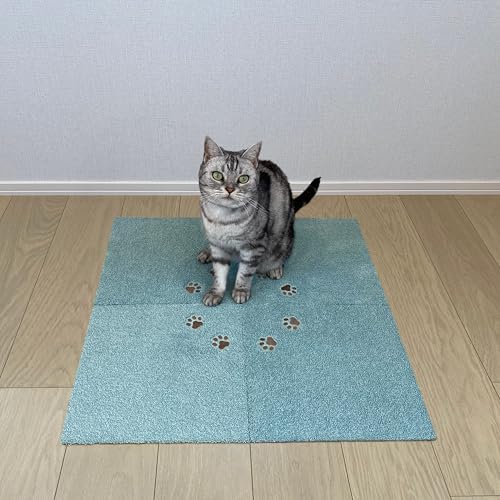 Rugtasu ラグタス タイルラグ ミニ てくてく肉球 約30×30cm 厚み約7mm タイルカーペット 刺繍 洗濯機OK 置くだけ設置 滑り止め加工 フリーカット ペット対応 ふかふか やわらか (ミントブルー, 8枚)