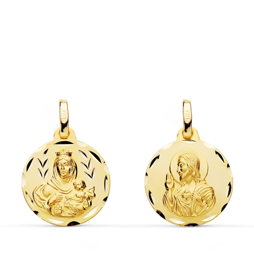 Medalla Escapulario Oro Ley 18K - Tallado Brillo - Virgen del Carmen y Corazon de Jesus - Tamaño a elegir