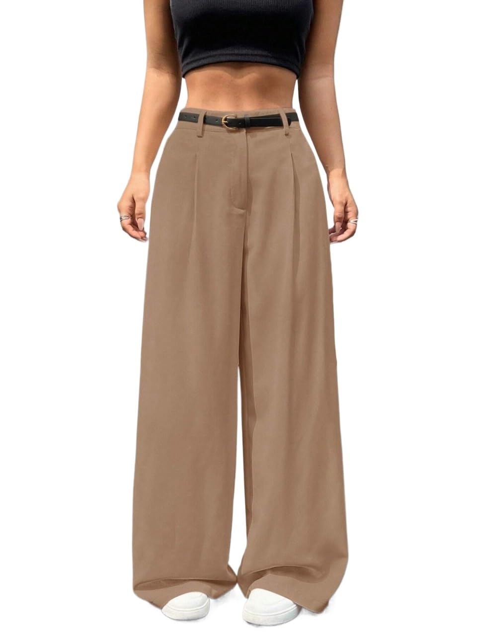 Womens Fall Belted Wide Leg Casual Pants Trousers Beige