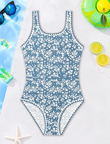 Image of Qaoerde Girls Swimsuit One Piece Swimsuits Solid Color Bathing Suit Colorful Contrast Trim Adjustable Straps Swimwear 9-16Y