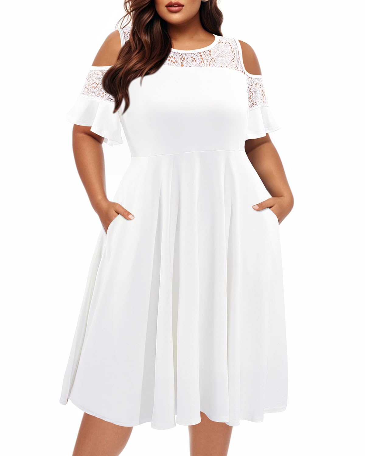 Plus Size Cocktail Dress Graduation Cold Shoulder Lace Midi Dresses with  Pockets