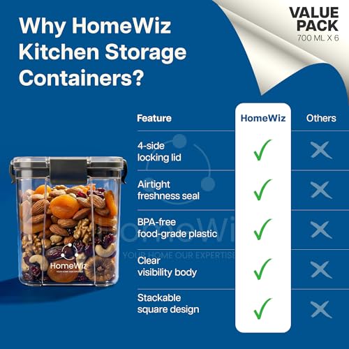 Image of HomeWiz Airtight Kitchen Storage Box 700ml x6 | Containers For Kitchen Storage Set | Food Grade BPA-Free Kitchen Containers Set With 2 Side Clip-Lock | Stackable, For Pantry and Fridge Storage
