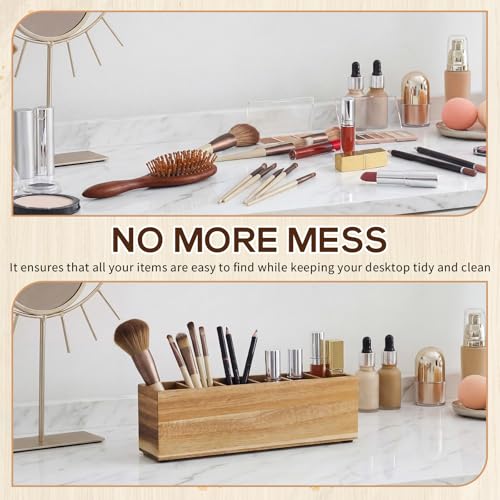 Image of Jetec Wooden Pencil Pen Holder for Desk 6 Compartments Wood Office Desk Organizers for Countertop Adjustable Makeup Brush Organizer Silverware Caddy for Party, Home, Art Supplies (Acacia Wood)