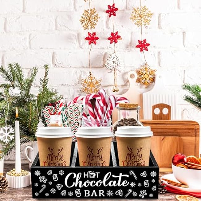 Christmas Hot Cocoa Bar Wood Coffee Station Organizer with 4 Compartment Double Layer Coffee Bar Holder Xmas Basket Organizer Bin for Home Kitchen Farmhouse Office Xmas Holiday Gift Party Supplies