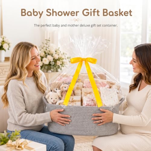Image of OIASKET Large Empty Cotton Rope Gift Basket with Handles, 16.5 inchx12.6 inchx7 inch Decorative Woven Storage Basket with Gift Bag and Ribbon Set for Baby Shower, Toy Organizer for Kids, Dogs & Cats - Grey