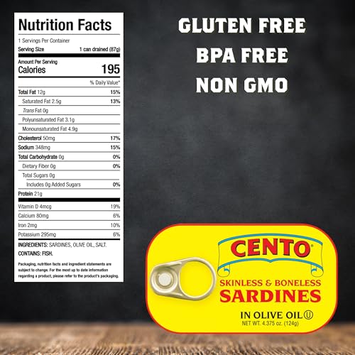 Cento High Protein Skinless & Boneless Sardines in Olive Oil, Easy to Open Pull Top Lid, Perfect Snack for Busy Professi