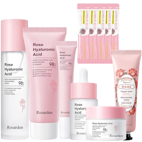 Rose Skin Care Set, 11Pcs Hyaluronic Acid Face Care Set for Women Include Rose Extract Toner Serum Face Cream Cleanser Eye Cream Hand Cream Facial Mask, Improve Skin Hydrating Skin Care Routine Set
