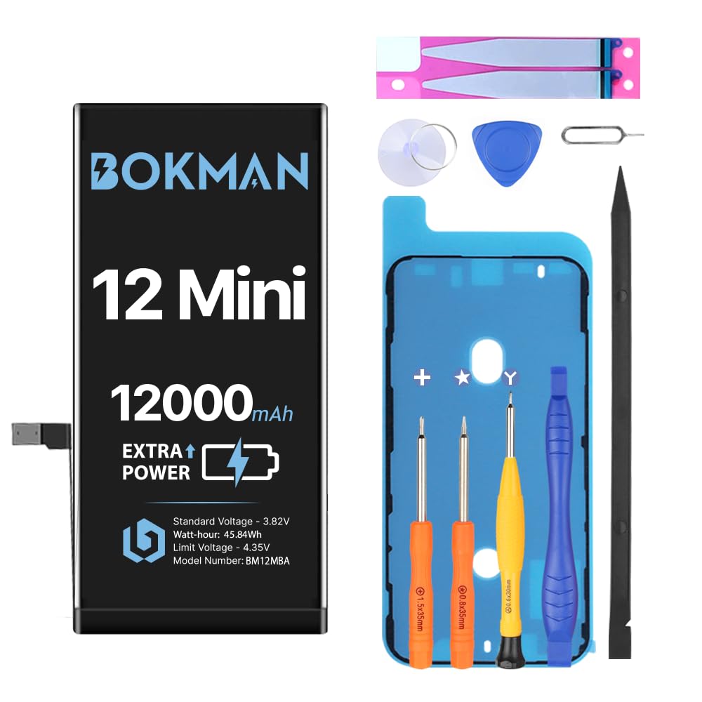bokman for iPhone 12 Mini Battery Replacement, High Capacity 12000mAh Li-ion Polymer Battery with All Tool Kits
