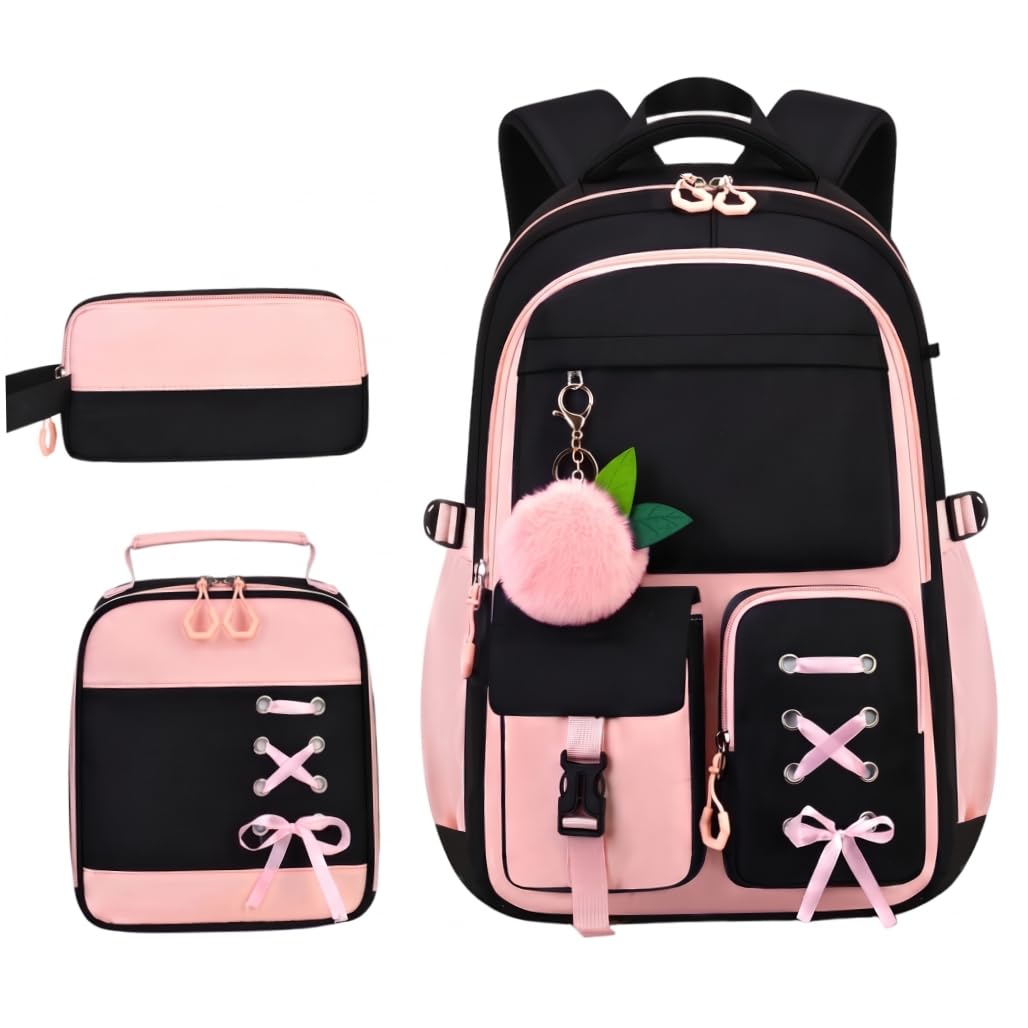 Conjunto de Mochila con Lazo para niñas de 3 Piezas con lonchera en Morado