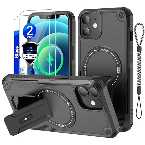 for iPhone 12 case/iPhone 12 Pro case[Compatible with MagSafe][with 2*9H Tempered Glass Screen Protector] Built in Invisible Stand Not fadingShockproof Protective Phone Cover 6.1-inch(Black)
