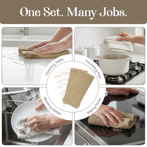 Image of Kitchen Towels Set of 4, Cotton Waffle Weave Dish Towels, 2 Solid & 2 Striped Kitchen Hand Towels, Super Absorbent Taupe and White Tea Towels, 18 x 28 Inch