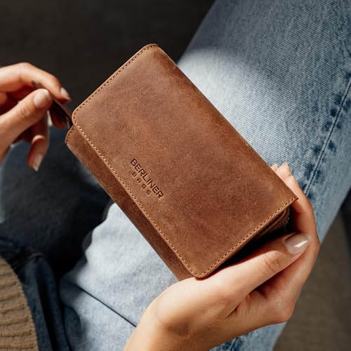 BERLINER BAGS Vintage Genuine Leather Wallet Vienna, RFID Blocking Credit Card Holder, Trifold Clutch Purses, Zip Around Womens Wallet for 19 cards, ID window, Bills, Coins - Brown2