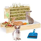 4 in 1 Rabbit Hay Feeder with Litter Box, Small Animals Hay Rack with Water Bottle, and 2 Bowls, Wooden Bunny...