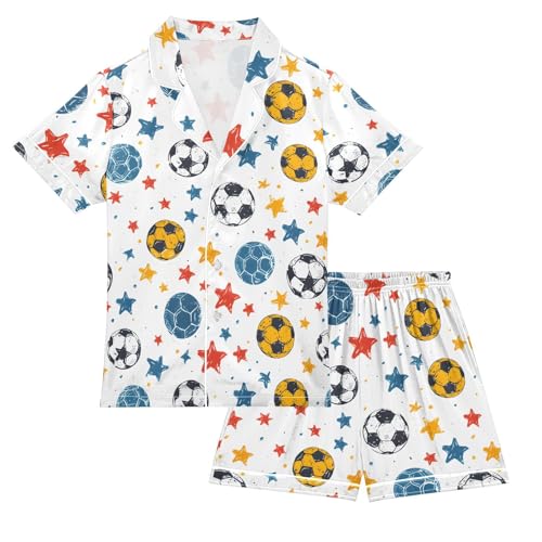 ALAZA Soccer Star White Satin Pajamas Set Short Sleeve Button Down Sleepwear Summer Pjs 2 Piece