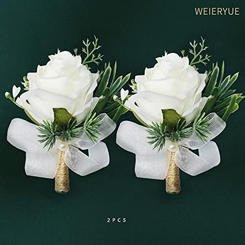 image for WEIERYUE White Rose Wrist Flowers and Men's Corsage Wedding Flowers Ce