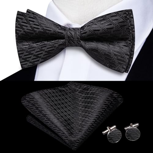 Image of Hi-Tie Pretied Bowtie Lapel Pin Set for Men Pocket Square Cufflinks 4PCS Bow Tie Set Mens Wedding Business Party, Black Plaid