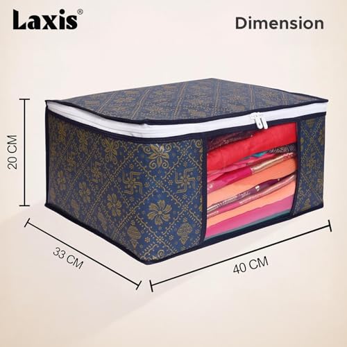 Image of LAXIS Saree Organiser for Wardrobe, Foldable Royal Print Saree Covers for Storage Set with Clear Window & Zipper, Golden-Navy Blue (Pack of 6)