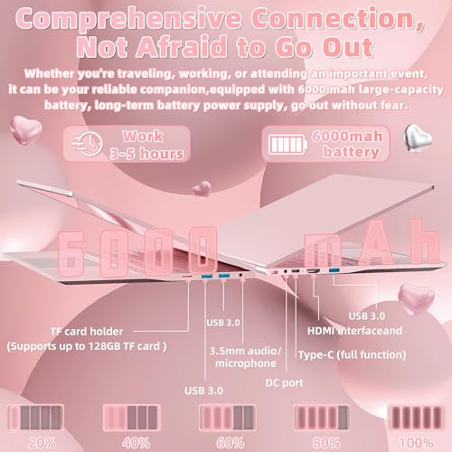 Image of 14 inch Pink Laptop, 16GB DDR4 RAM 1TB, N150 CPU for Business Work Students | Win 11 Pro, 2K FHD IPS Screen, Fingerprint Reader, Type-C, WiFi 5, Bluetooth 5.0, 6000mAh Battery