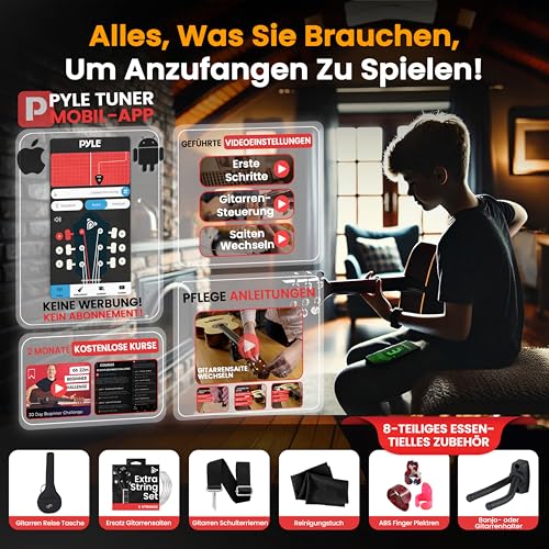 Pyle Banjolele- 5 Saiten, Banjo Kit Instrument, Banjolele Set Inkl. digitalem Stimmgerät, Saiten, Plektren, Gurt, Gig Bag & Werkzeugset, Musikinstrument für Folk, Country & Bluegrass, 99cm