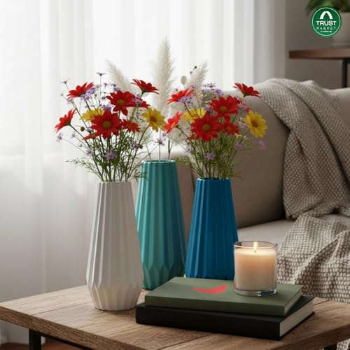 Image of TrustBasket Serene Flower Vase Set of 3 Blue Sky, Blue & White Decorative Plastic Table Accent for Living Room Bedroom Dining Table, Modern Home Decor Display for Fresh or Artificial Flower