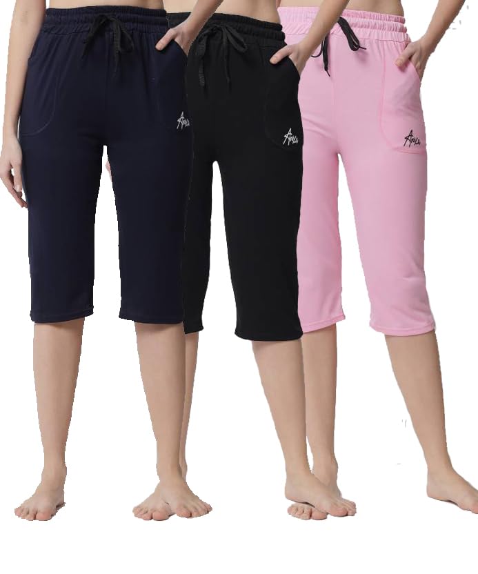 Image of Women's Cotton Capri Pants, Drawstring Waist, Knee Length, Pack of 3