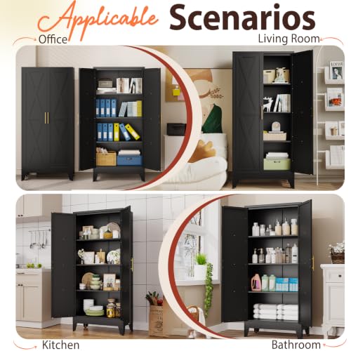 Image of PAOFIN 61 inch H Kitchen Storage Cabinet with Doors | Freestanding Pantry Cabinet,Farmhouse Food Storage Cabinets,Tall Cabinets for Kitchen, Dining Room, Living Room(Black)